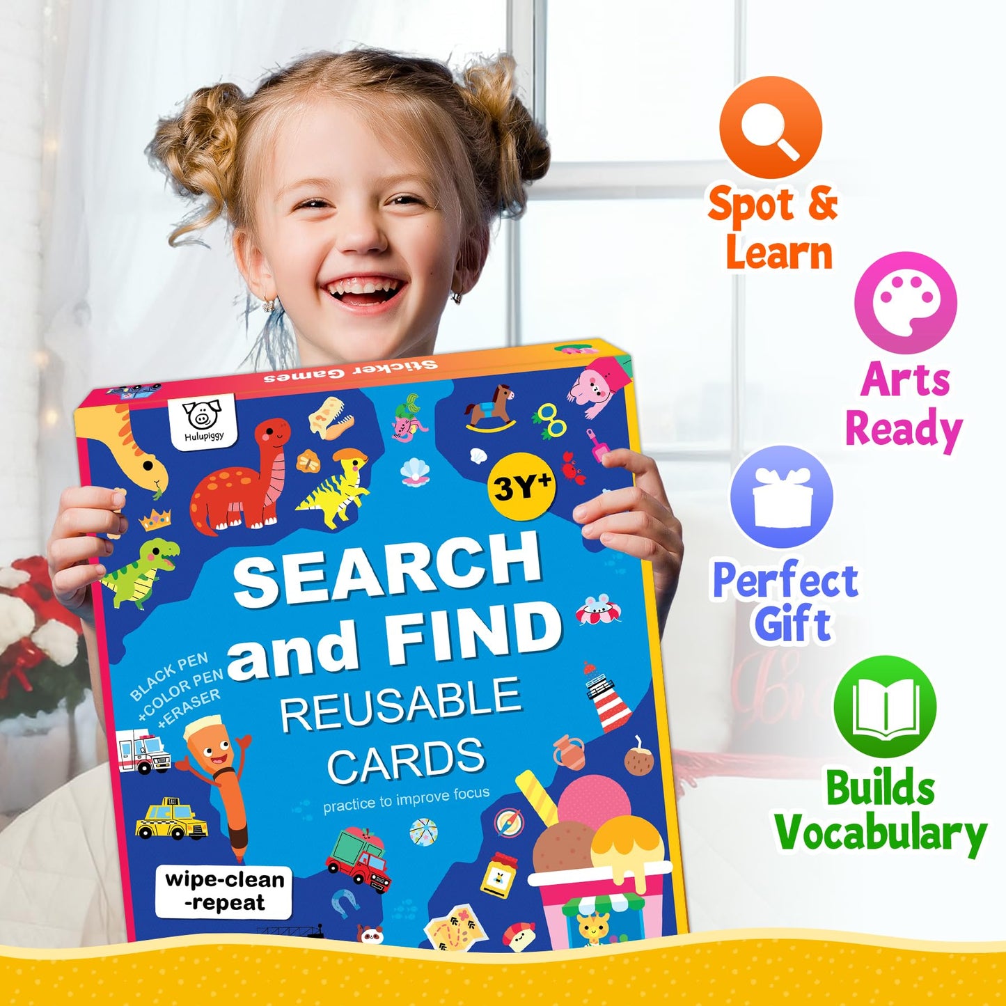 Hulupiggy Search and Find Educational Game for Kids 3, 4, 5, 6 Year Olds - Reusable Preschool Learning Activities, Art & Craft Toys | Builds Vocabulary, Gifts for Toddlers, Girls and Boys