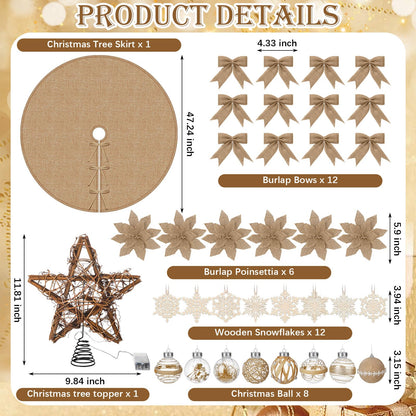 Soulchen Boho Christmas Tree Ornaments Set-40 Pcs Burlap Christmas Tree Decorations Jute Rustic Neutral Skirt Topper Bows Ball Poinsettia Snowflake Hanging Ornament Bulk for Farmhouse Xmas Party Decor