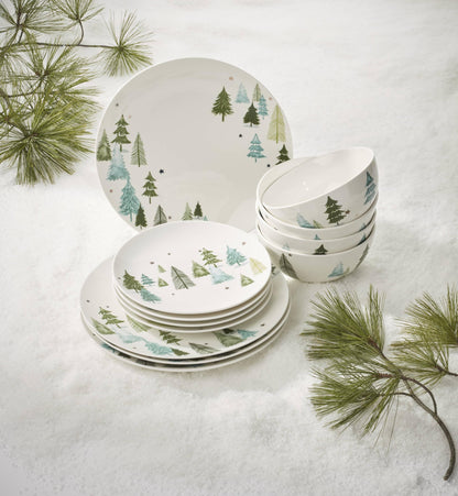 Lenox Dinnerware, Balsam Lane 12-Piece Dinnerware Set, Service For 4, Porcelain, Dishwasher & Microwave Safe, Plates & Bowls Sets, Christmas, Holiday Hosting, Home and Kitchen (White/Green, 12 Piece)