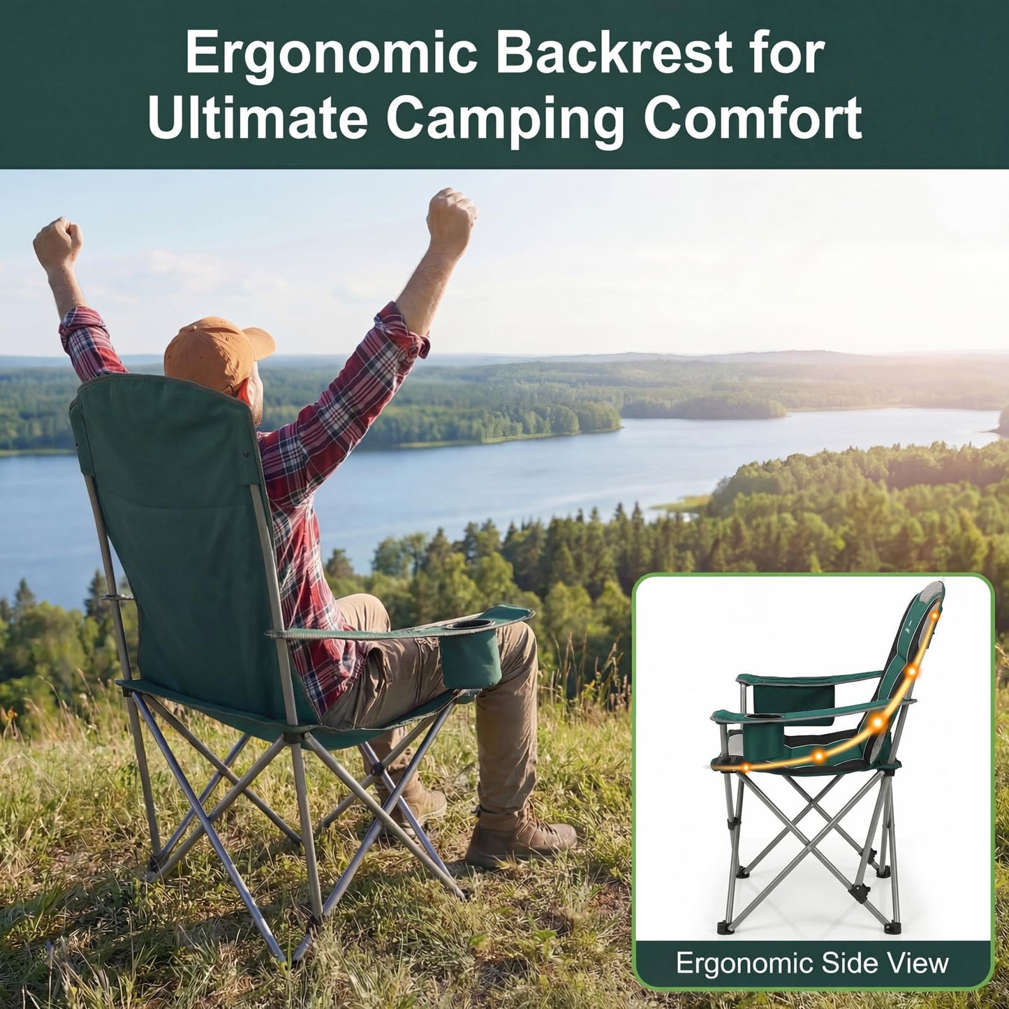 2 Pack Camping Chairs for Adults - Oversized Folding Lawn Chair with Angled Backrest,Heavy Duty 400lbs,Padded Camp Chairs with Cup Holder Side Pocket Cooler Bag for Outdoor,Sports,Beach,Fishing,Green