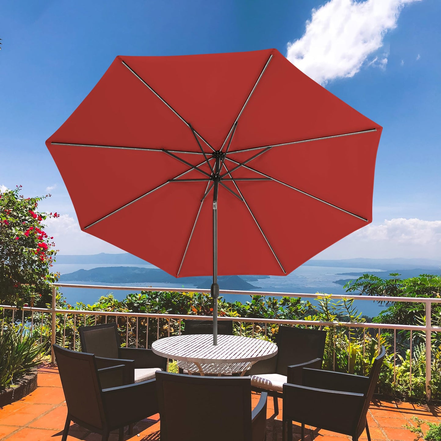 Sundale Outdoor Solar 80 LED 9 ft Patio Umbrella with Sand Bag Umbrella Base, Outdoor Umbrella with Tilt and Crank, Red