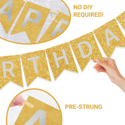 Gold Happy Birthday Banner - 16 ft Pre-Strung Gold Birthday Party Decorations Sign for Girls, Boys, Kids, Women - No DIY Hanging Backdrop for Indoor & Outdoor Celebrations