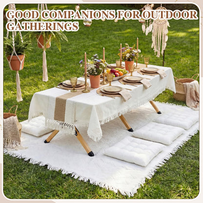Novabright 10 Pcs Picnic Kit Folding Picnic Table 59'' x 20.5'' Large Outdoor Boho Blanket 91'' x 71'' Beige Table Runner 6 Floor Pillows Cushions Woven Cotton Oversize Washable for Camp Wedding