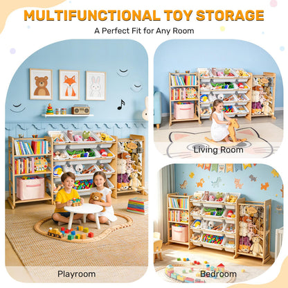 Yazzropt 65" Large Toy Storage Organizer with Bins Shelves & Stuffed Animal Storage for Kids Wood Toddler Playroom Organization with Bookshelf Toys Box Wooden Organizers for Kids Room Nursery Bedroom
