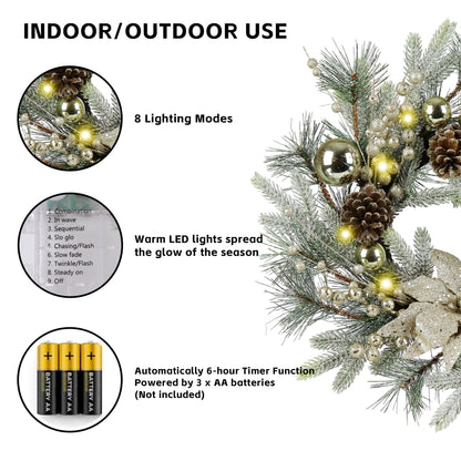 Zavothy Christmas Wreath 20 Inch Christmas Decorations Wreath with Lights,Balls,Pine Cones,Golden Berries,Pine Needle and Artificial Flower for Outdoor Indoor Christmas Decorations