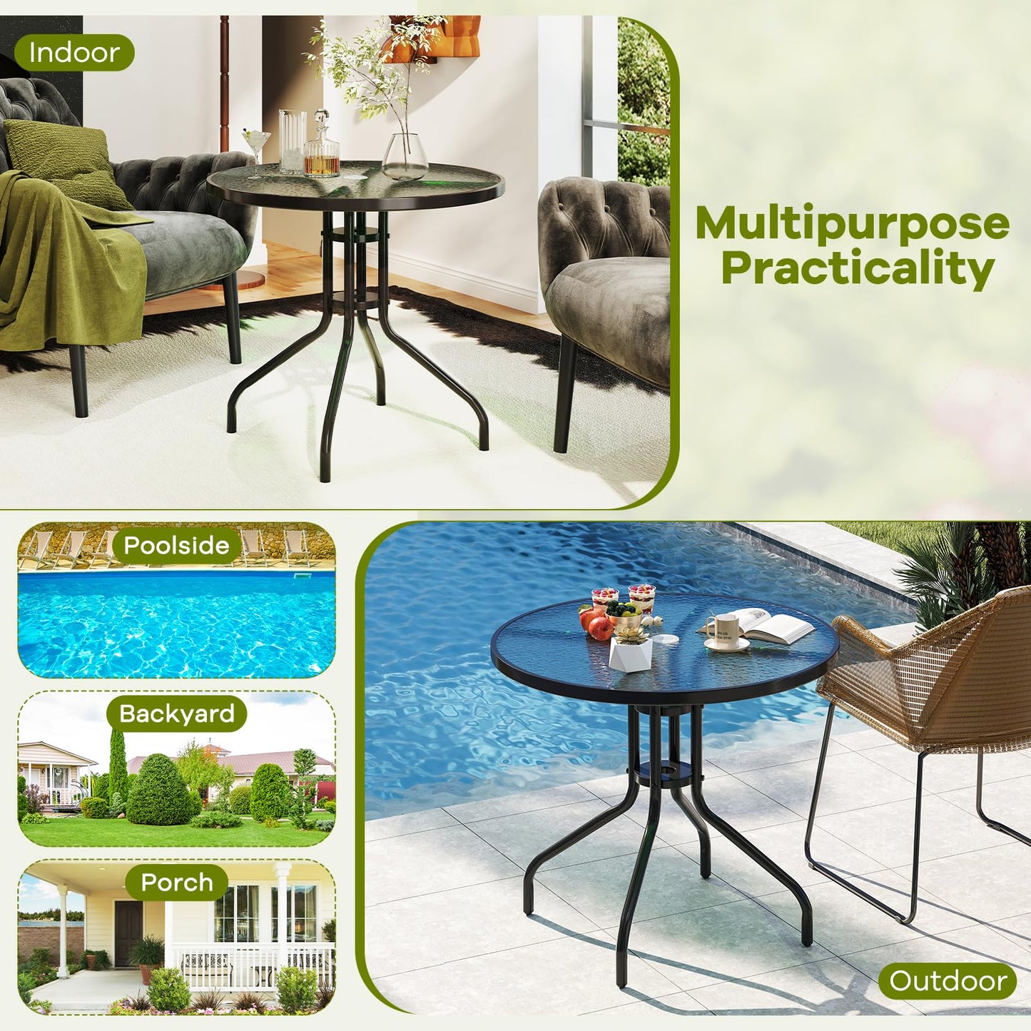 Giantex 31.5" Outdoor Bistro Table, Patio Round Dining Table w/Tempered Glass Tabletop & 2" Umbrella Hole, Heavy-Duty Metal Frame for Garden Yard Poolside Porch (31.5"x31.5"x28.5")
