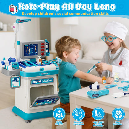 Doctor Kit for Toddlers 3-5, Pretend Doctors Play Set with Cart, Costume and Stethoscope for Kids Aged 3 4 5, Role Play Medical Toys for Girls Boys, Christmas Birthday Educational Gift for Toddler