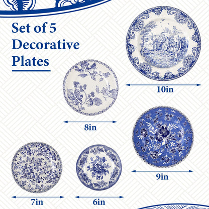 Yiyiring Holland Wall Sculpture Plates for Wall, Ceramic Vintage Blue and White Plates Set, Vintage Gifts, Display Home Bedroom Office Art Ornament(5 Pcs,Flowers)