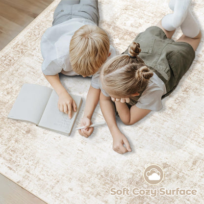 VECARF Area Rug 8x10 Washable Rug, Vintage Boho Medallion Rugs Non-Slip Soft Low Pile Large Distressed Rug Indoor Retro Carpet for Living Room Bedroom Dining Room Home Office (Beige, 8'x10')