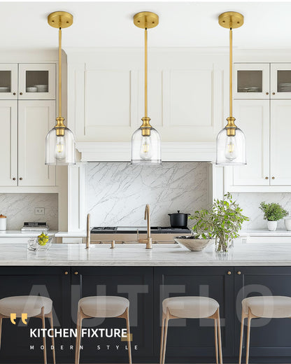 Autelo Gold Pendant Lights, 1-Light Pendant Lights Kitchen Island in Brushed Gold Finish with Clear Cylinder Glass, Vintage Pendant Light Fixtures, Vintage Hanging Lights for Kitchen Island H2511 CLBG