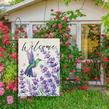 Dyrenson Welcome Spring Summer Hummingbird Lavender Decorative Garden Flag, Purple Flower Floral Yard Outside Home Decorations, Seasonal Burlap Outdoor Small Decor Double Sided 12 x 18