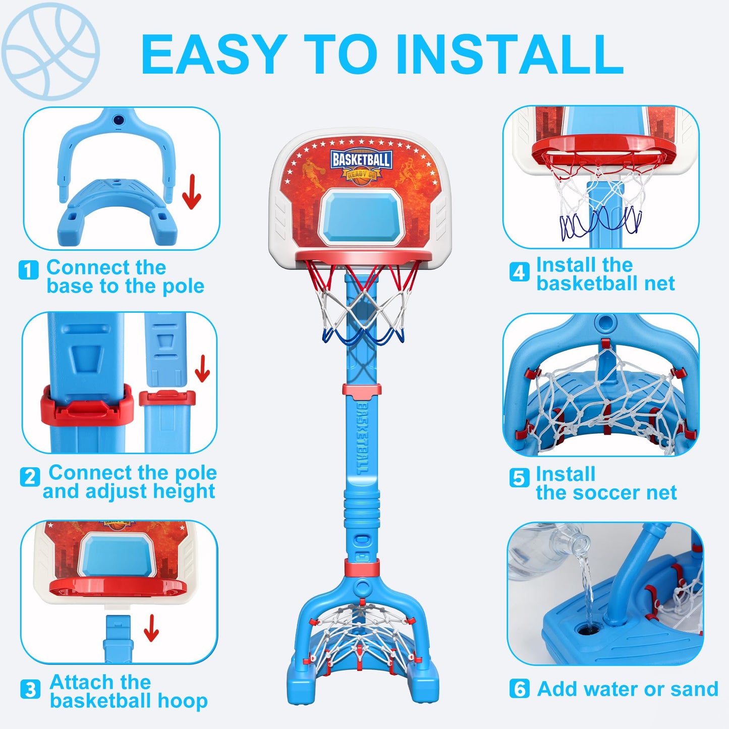LPFG Toddler Basketball Hoop Indoor, Adjustable Kids Basketball Hoop and Soccer Goal for Ages 1-3 3-5, Portable Mini Basketball Hoop Set with 4 Balls for Boys Girls Child Indoor Outdoor Poolside