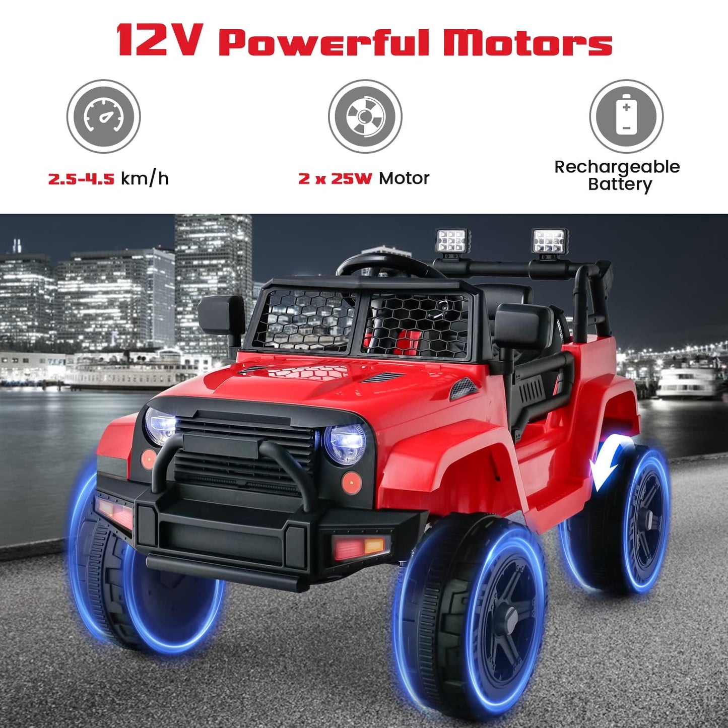 OLAKIDS Kids Ride On Truck, 12V Electric Vehicle Jeep Car with Remote Control, Toddlers Battery Powered Toy with 2 Speeds, Spring Suspension, Double Open Doors, LED Lights, Music, TF,USB, Mp3 (Garnet)