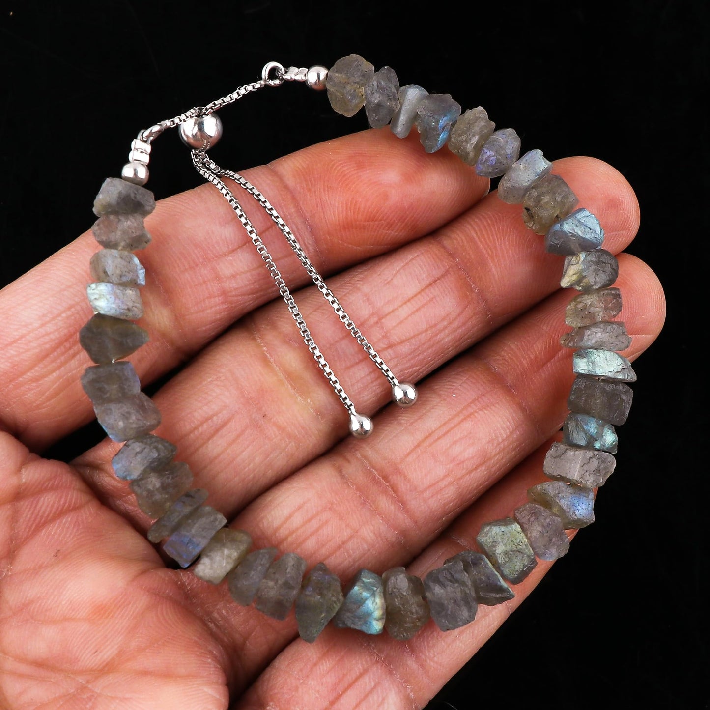 CRYSTALIS Natural Raw Labradorite Rough Stones Bracelet, Rough Gemstones, Chakra Healing Crystals, Gift Giving Jewelry, 925 Sterling Silver Womens Bracelet 8 inch