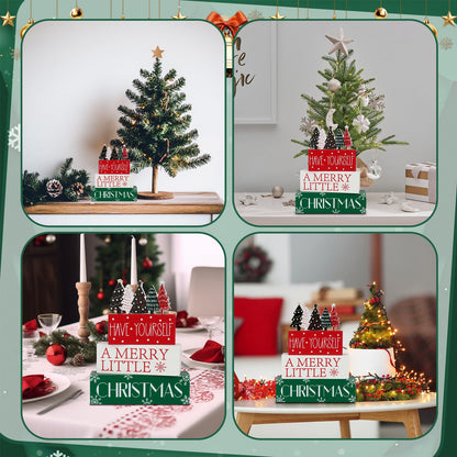 4 Pcs Christmas Table Decor Christmas Tree Wooden Table Decorations Winter Tiered Tray Decor Centerpieces Rustic Decorative Tree Block Signs Gift Xmas Sign for Home kitchen Shelf
