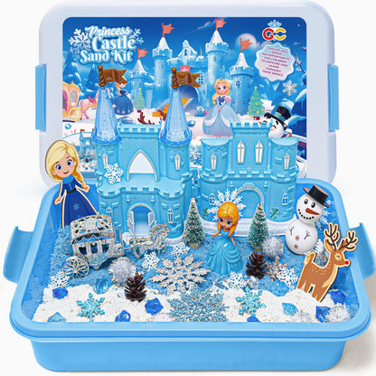 G.C Sensory Bin for Girl Kid Toy, Play Sand Art Kit with Sandbox/2lb Sand/Castle/Molds/Princess Figure, Winter Sensory Toy Christmas Birthday Gift for Girl Toddler Ages 3 4 5 6 7 8