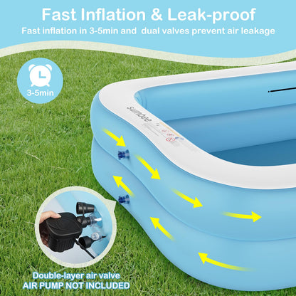 Sumbee Inflatable Swimming Kiddie Pool for Adults Kids Ages 4-8-12, Size 103" X 69" X 20" Rectangle Blow Up Family Pool for Children Backyard Outdoor Garden Summer Water Party Full-Sized Light Blue