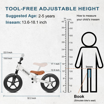 SEREED Toddler Balance Bike 2 Year Old, No Pedal Kids Toy Bike for 2-5 Years Old, Tool-Free Adjustment, Gift for 2-3 Boys Girls, Customize Plate with 3pcs Stickers (White)