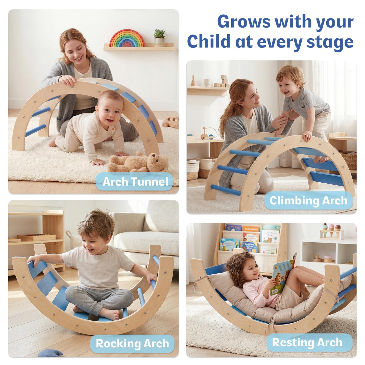 bbgroundgrm 8-in-1 Wooden Climbing Set for Toddlers with Cushion, Foldable Montessori Indoor Climber with Arch, Ramp and Triangle Ladder, Natural Wood Play Gym for Kids 1-3
