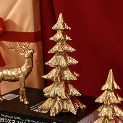 FESTGLOX Gold Christmas Tree Figurines, Small Resin Christmas Trees Home Decor, Tabletop Tree Set of 2, Decorative Xmas Trees for Christmas Decorations Indoor Mantle Centerpieces