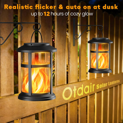 Otdair 4 Pack Solar Lanterns Outdoor Waterproof, Upgraded Flickering Flame Hanging Solar Lights for Outside, Solar Powered Lantern for Patio Yard Garden Porch Decor, Gift for Mom Housewarming