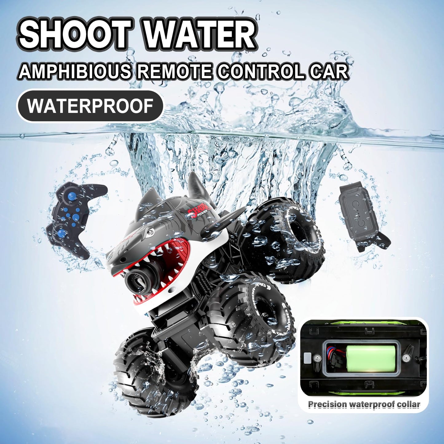 Gesture Sensing Amphibious Remote Control Gray Shark Monster Truck with Water Squirt 4WD 1:16 RC Car All-Terrain Waterproof RC Tank Pool Toy Outdoor Summer Gifts for Kids Age 6+（2 Replaceable battery)