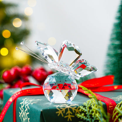 H&D Crystal Flying Butterfly with Crystal Ball Base Figurine Collection Cut Glass Ornament Statue Animal Collectible (Clear)