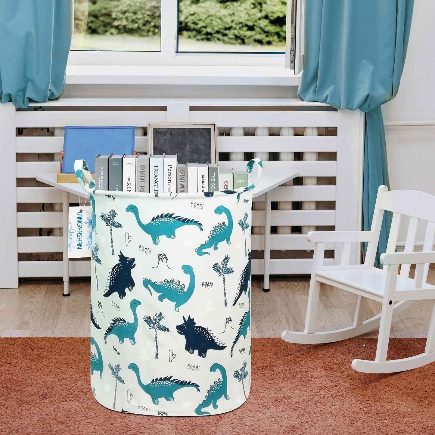 LANGYASHAN Laundry Basket Canvas Fabric Collapsible Organizer Basket for Storage Bin Toy Bins Gift Baskets Bedroom Clothes Children Nursery Hamper (Full dinosaur)