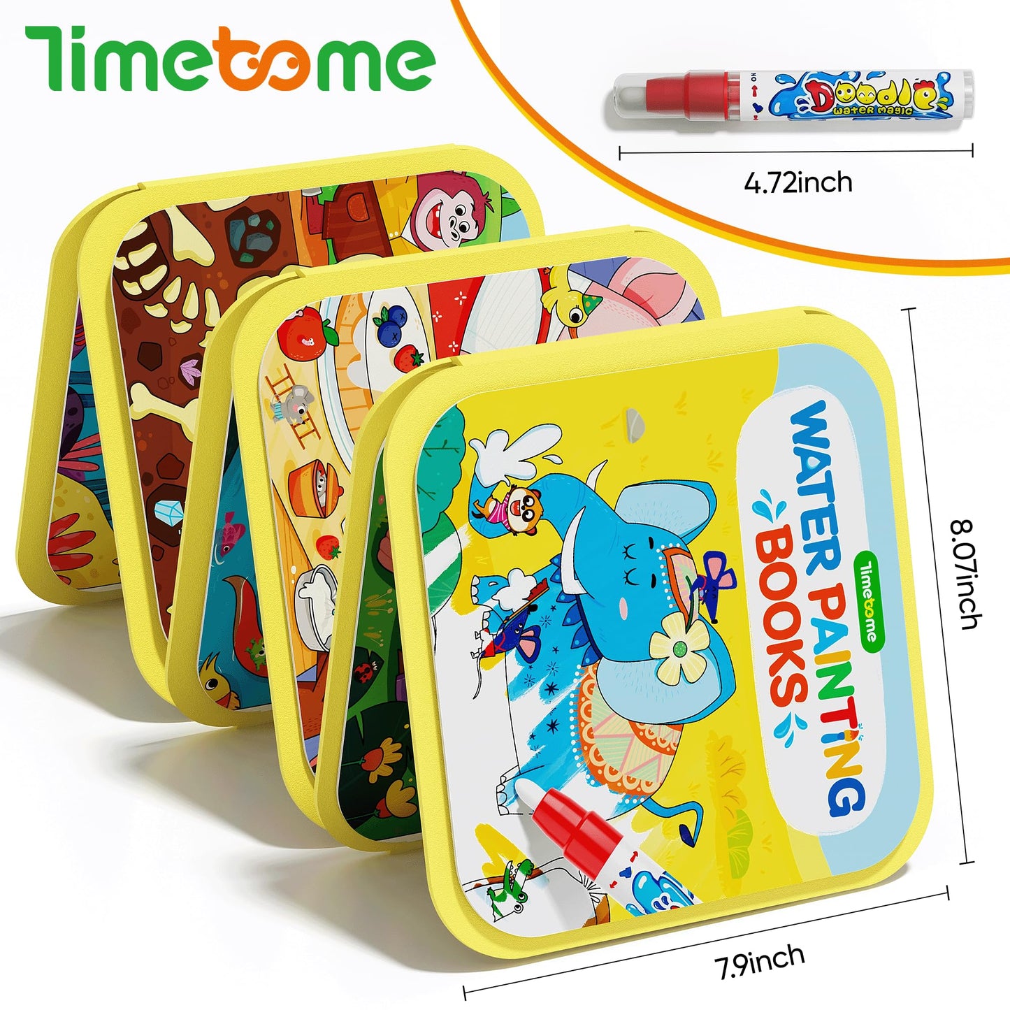 Timetome Reusable Water Painting Books for Kids – 3-Pack Magic Water Reveal Coloring Books with Water Pens (Fairy Tale, Animal & Dinosaur) No-Mess Coloring & Reusable Fun Travel Activity for Ages 3–6