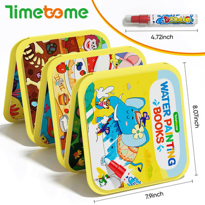 Timetome Reusable Water Painting Books for Kids – 3-Pack Magic Water Reveal Coloring Books with Water Pens (Fairy Tale, Animal & Dinosaur) No-Mess Coloring & Reusable Fun Travel Activity for Ages 3–6