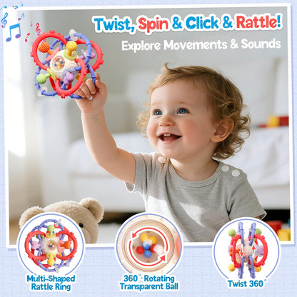 Baby Sensory Teething Toys 0-6 6-12 Months, Multi-Functional Baby Teether & Rattle Toy, BPA-Free Silicone Baby Chew Toy for Teething Relief, Ideal Newborn Infant Shower Gifts for Boys Girls