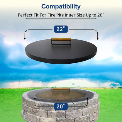 22” firepit lid round for inside up to 20” gas fire pit lid for Outdoor Fireplace Cover Lid Steel fire pit metal cover W/ Wooden Handle & Powder Coated Snuffer Lid for Round Patio Fire Pit Ring