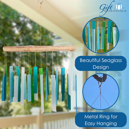Blue Handworks Sea Glass and Driftwood Chime - Sandblasted Glass and Found Wood Hand Crafted Wind Chime