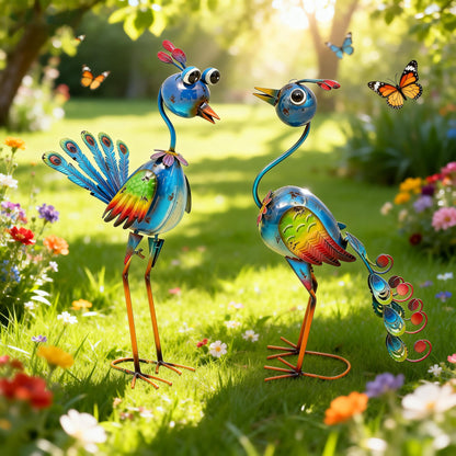 Ultym 22.5" Metal Peacock Garden Statues Set of 2, Whimsical Hand-Painted Cartoon Birds, Blue & Rainbow Yard Art for Patio Lawn, Indoor Shelf Decor, Unique Gift for Women