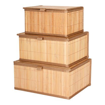 Bamboo Decorative Storage Boxes With Lids - Nesting Rectangular Lidded Box for Organization - Stackable Basket with Cloth Liner - Organizer for Toys, Home, Office - Woven Basket - Set of 3