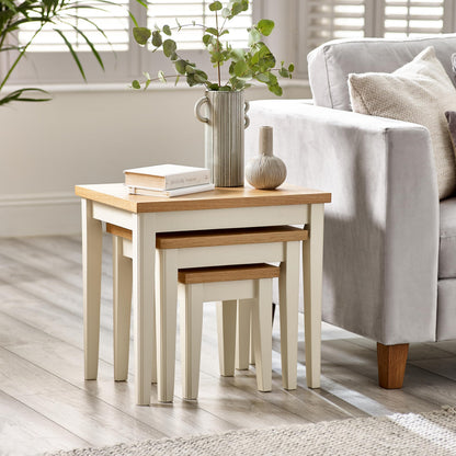Furniturebox UK Set of 3 Wooden Nesting Tables - Eden Solid Wood Nested Tables - Pale Oak Veneer Tops Cream Legs - Modern Farmhouse Traditional Living Room Furniture - Solid Rubberwood