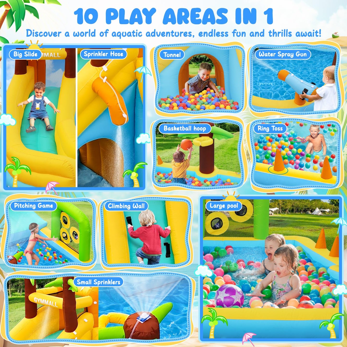 GYMMALL Inflatable Water Slide Bounce House with 450 W Blower, Blow up 10-in-1 Waterslide Park Bouncy Castle Outdoor and Indoor, Bouncer House with Splash Pool, Sprinklers and Long Slide