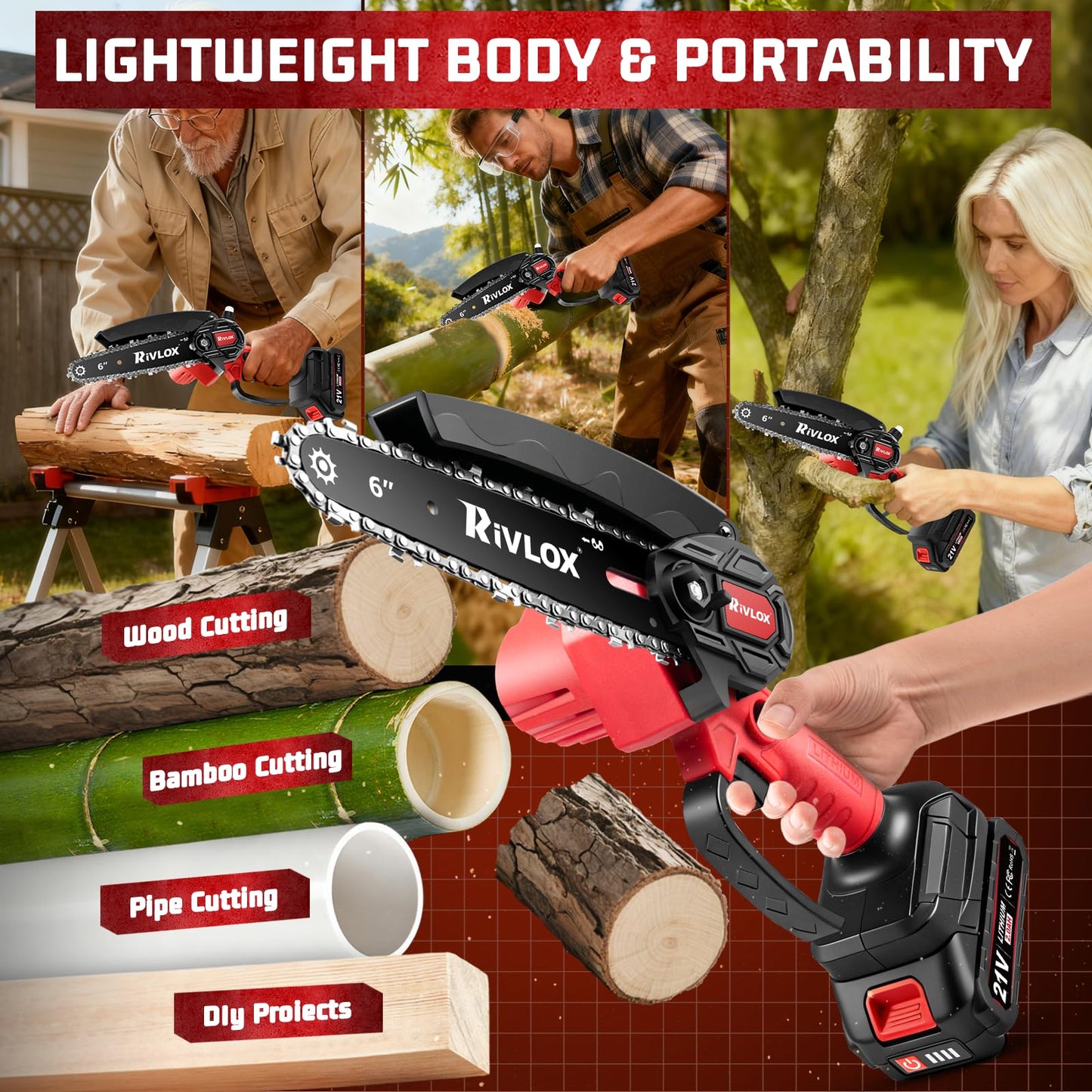 Rivlox Mini Chainsaw,6 & 4 inch Electric Chainsaws Cordless Battery Powered, One-Hand Portable Handheld Saw for Trees Trimming Wood Cutting,Chain Saw Gift for Men Dad Husband Women (Red-2 Battery)