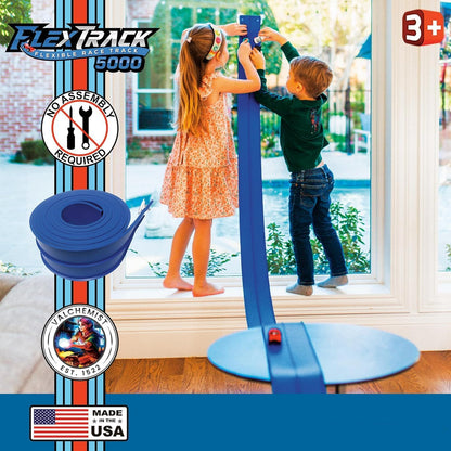 FlexTrack 5000 Flexible Race Car Track for Kids Toy with Suction Cups Compatible with Hot Wheels and Diecast 1/64th Cars and More 15 Feet Long Rolls Up Portable Racetrack (Racing Blue)