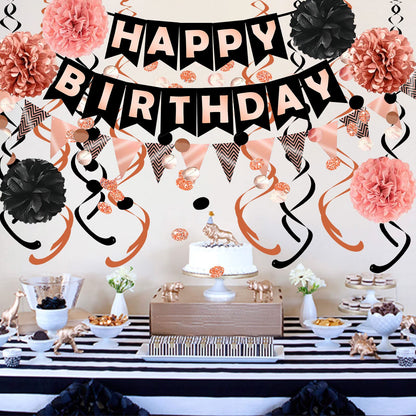 FECEDY Rose Gold Black Theme Happy Birthday Banner Flag Bunting Paper Circle Confetti Garland Swirl Streamers Honeycomb Ball for Birthday Party Decoration