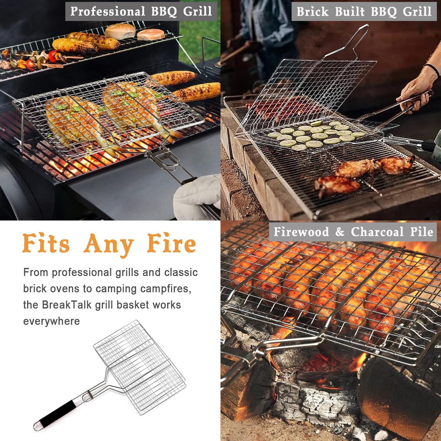 BBQ Fish Grill Basket with Basting Brush – 20.5"x13.5" Lockable Nonstick Grilling Basket with Beech Wood Handle, Chrome-Plated Carbon Steel Mesh for Fish, Meat, Vegetables