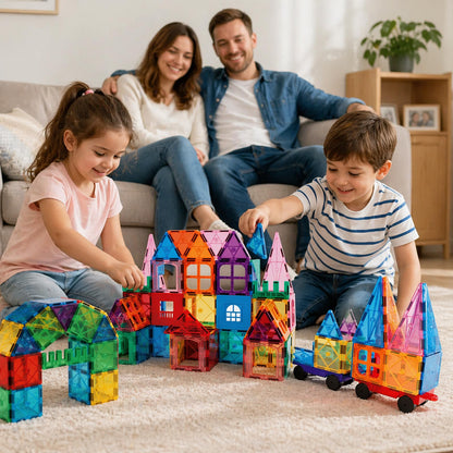 AFUNX Magnetic Tiles,102PCS Magnetic Building Blocks 3D Clear Construction Playboards, Inspiration, Creativity Beyond Imagination, Educational Magnet Toy Set for Kids with 2 Cars