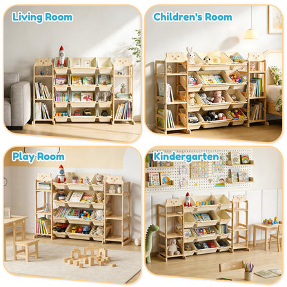 Toy Storage Organizer, Extra Large WoodenToy Storage, with 6 Side Shelves and 12 Bins, 3 -in-1 Bookshelf for Bedroom Playroom, Nursery, Wood Kids Toy Shelf and Bookcase 52.3"W x 13.5"D x 31.5"H