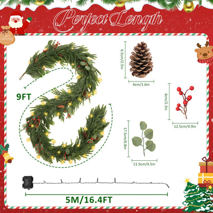 9FT Garland with 7 Modes LED Light, 9 True Pinecones&Red Cones&Eucalyptus Leaves, Norfolk Pine Garlands for Festivals Day, Wall, Indoor, Outdoor Holiday Winter Decorations