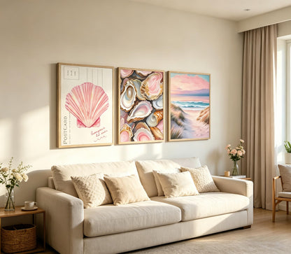 Aisandcuis 3Pcs Pink Oyster Shell Poster Wall Art Coastal Painting Picture Wall Decor Preppy Girly Beach Canvas Print Artwork for Beach House Apartments Girls Room Dorm Home Decoration Unframed