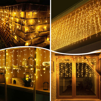 kemooie 400 LED Outdoor Curtain Lights, 26.2FT x 3.3FT Curtain String Lights with 8 Shining Modes for Indoor Ceremony Birthday Christmas Party Bedroom Balcony Roof Decorations (Warm White)