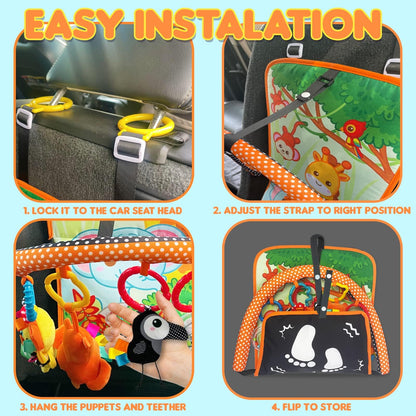 Innofans Baby Car Seat Animals Toys - Kick and Play Double Sided Infant Car Seat Toys with Plush Toys, Mirror, Teether for Baby, Babys Travel Activities, Christmas Birthday Gifts Newborn Infant Toys