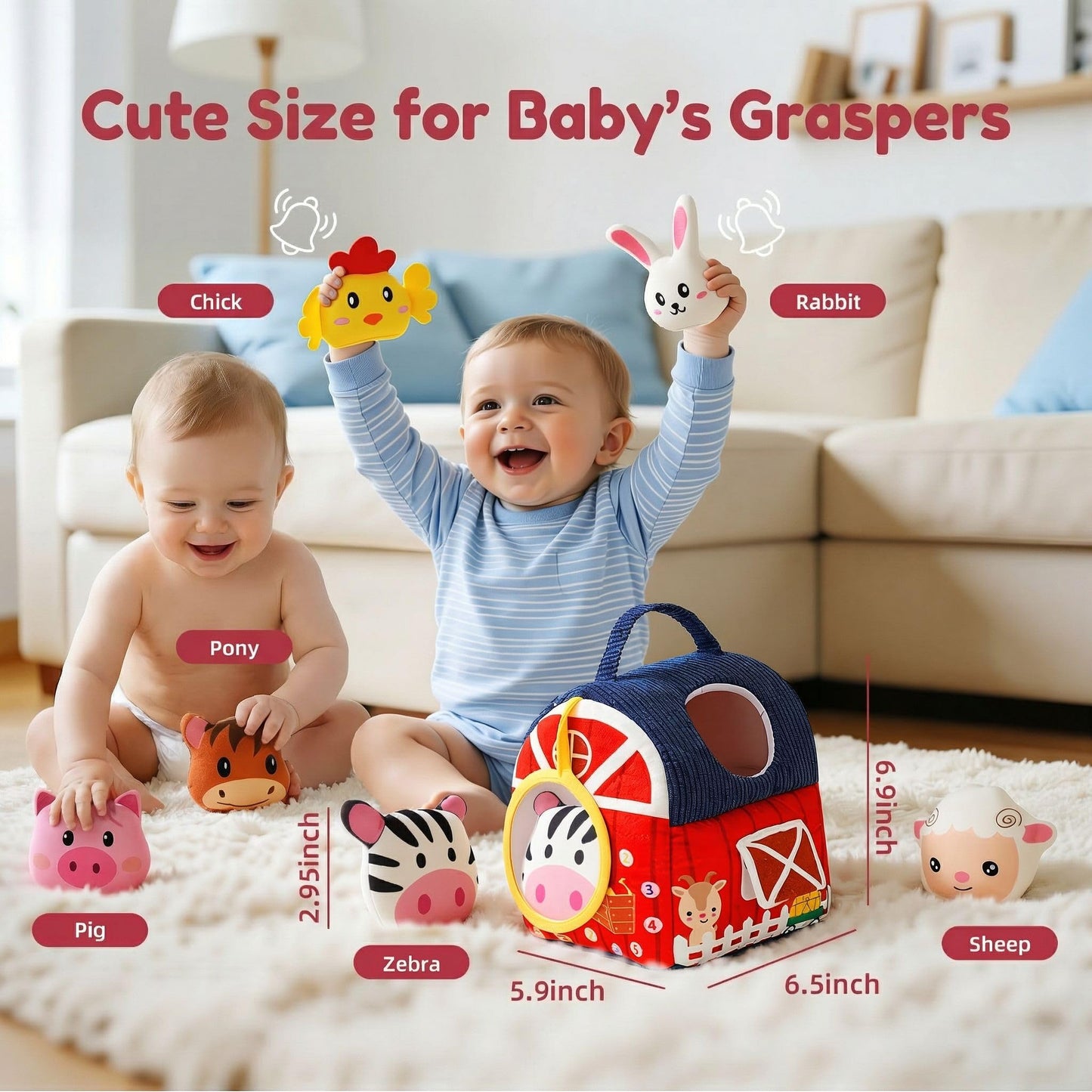 Baby Soft Toys 6-12 Months - Surprise Barn Stuffed Farm Animals House for Toddlers 1-3, Montessori Sensory Plush Toys for Infants, Rattle, Crinkle, Baby Learning Plush Toys for Babies Tummy Time