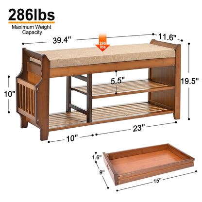 PETKABOO Shoe Bench with Hidden Drawer and Side Holder, 2 Tier Entryway Bench with Storage 39.4 in, Bamboo Shoe Rack with Cushion for Entryway Hallway Living Room Bedroom