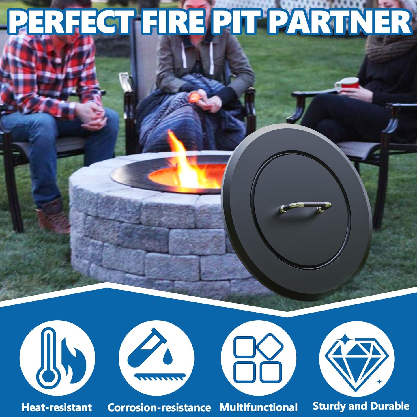 SafBbcue Fire Pit Lid Round 28.5" for Patio Outdoor Firepit, Metal Fire Pits Cover Round for Firepit Accessory, Firepits Metal Lid with Handle, Outdoor Bonfire Accessories, All-Season Protective